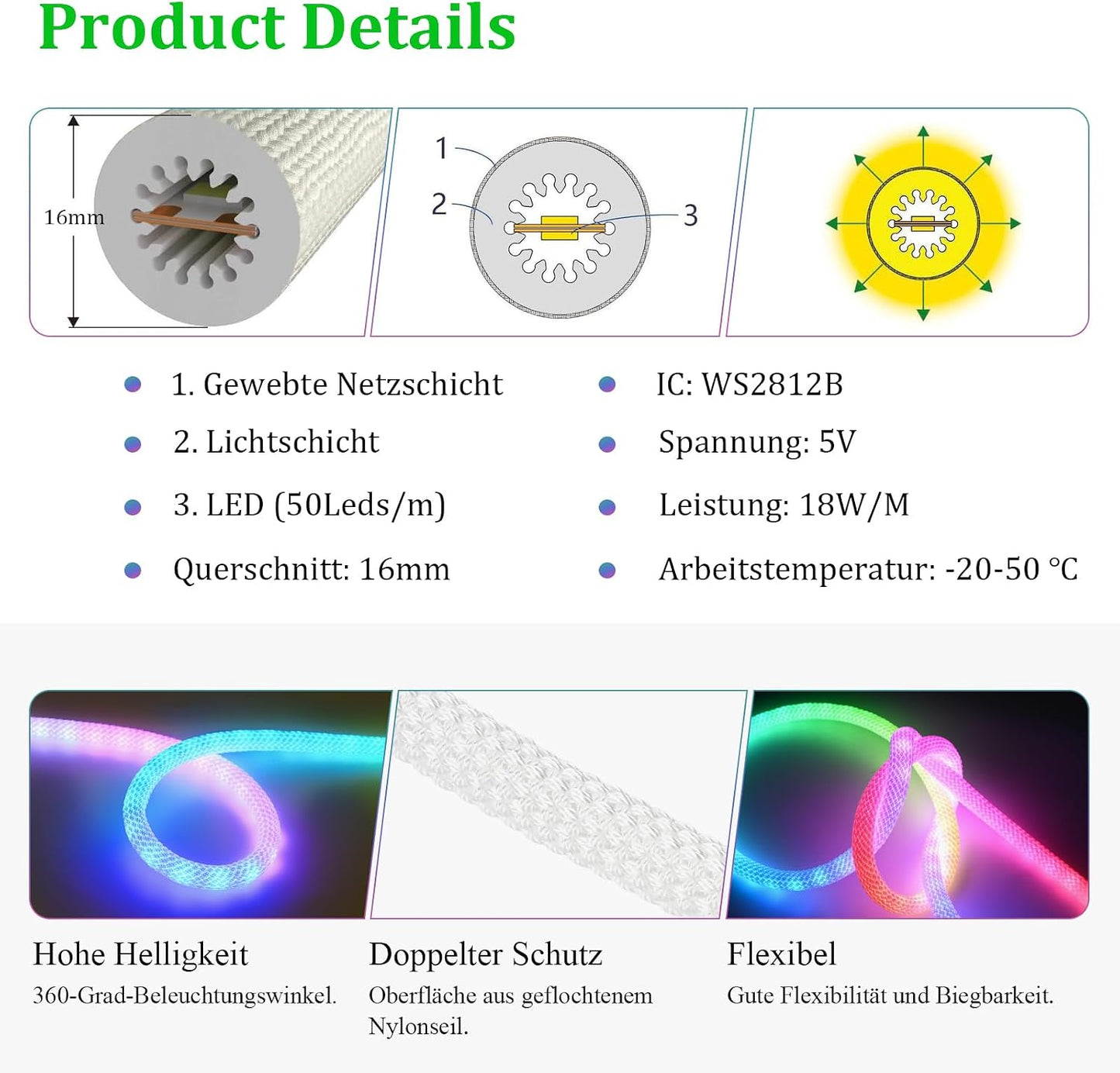 Bluetooth USB RGBIC Neon LED Strip - 3M Waterproof IP65 Dimmable LED Light Tube with 50 LEDs/M, App-Controlled for DIY Bedroom Decoration