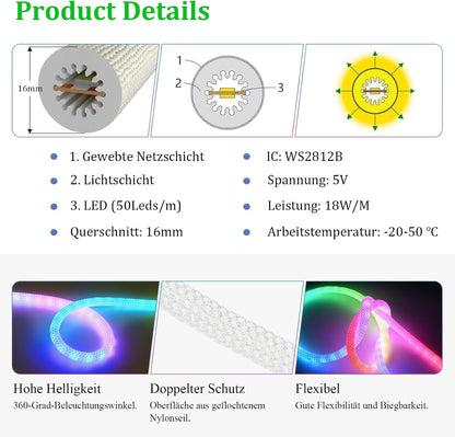 Bluetooth USB RGBIC Neon LED Strip - 3M Waterproof IP65 Dimmable LED Light Tube with 50 LEDs/M, App-Controlled for DIY Bedroom Decoration