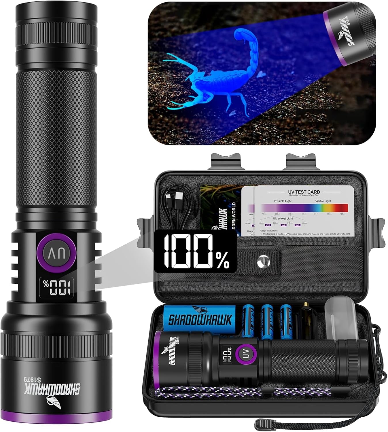 Shadowhawk 365Nm UV Taschenlampe, 30W Schwarzlicht mit 4-Kern-Technologie und Filterlinse