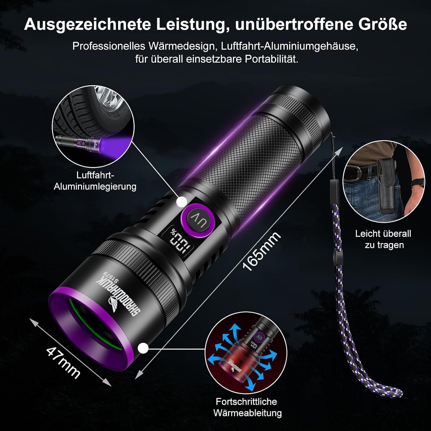 Shadowhawk 365Nm UV Taschenlampe, 30W Schwarzlicht mit 4-Kern-Technologie und Filterlinse