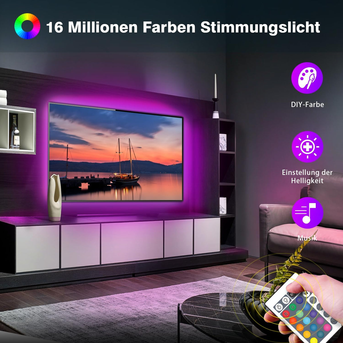 LED TV Hintergrundbeleuchtung für 55-75 Zoll Fernseher, 4M Bluetooth steuerbarer LED Streifen mit Smart App, USB LED Beleuchtung und Musik-Synchronisation