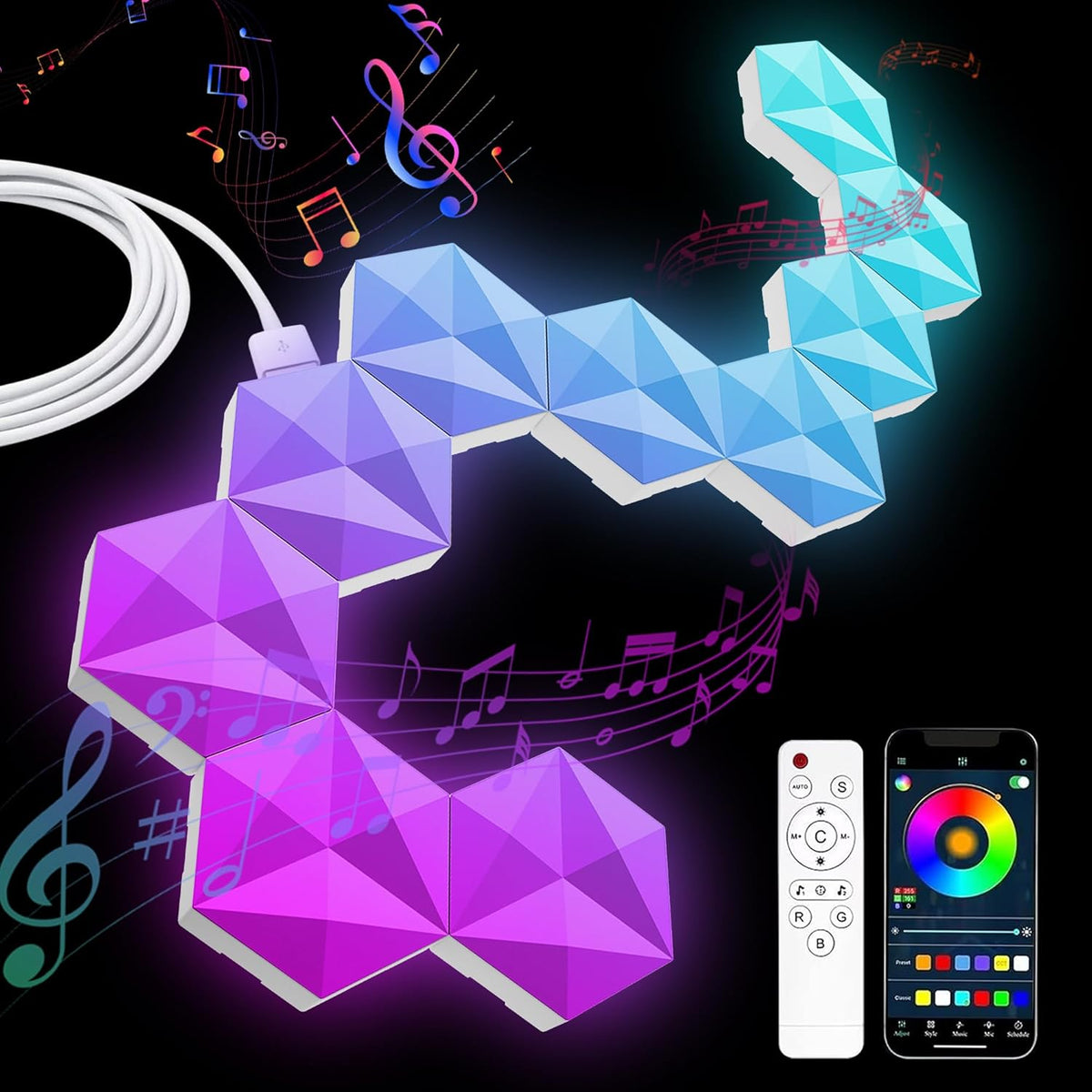 10-Pack Hexagon LED Gaming Wall Light, 9.2cm RGB Smart Hexagonal Panels, Music Sync Wall Lighting for Gaming Rooms