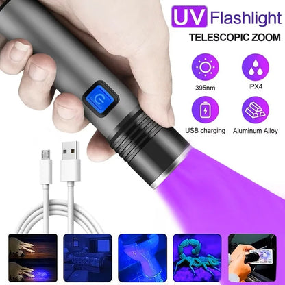 USB Rechargeable 365Nm UV Flashlight Aluminum Portable Ultraviolet Light Torch Black Light Pet Urine Detector Black Flashlights