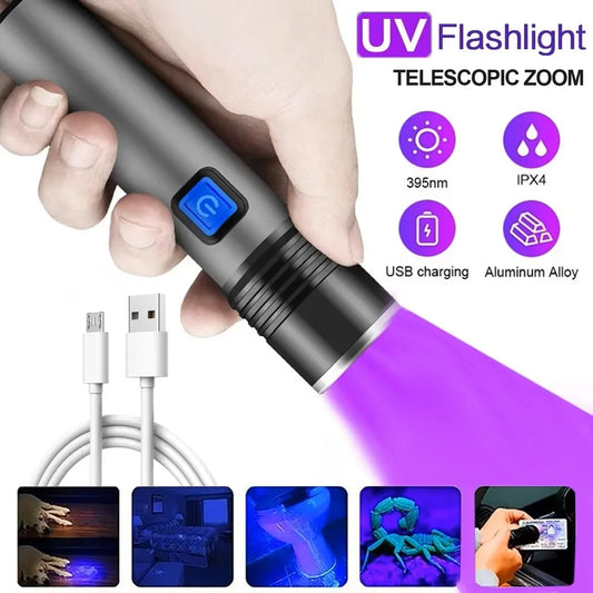 USB Rechargeable 365Nm UV Flashlight Aluminum Portable Ultraviolet Light Torch Black Light Pet Urine Detector Black Flashlights