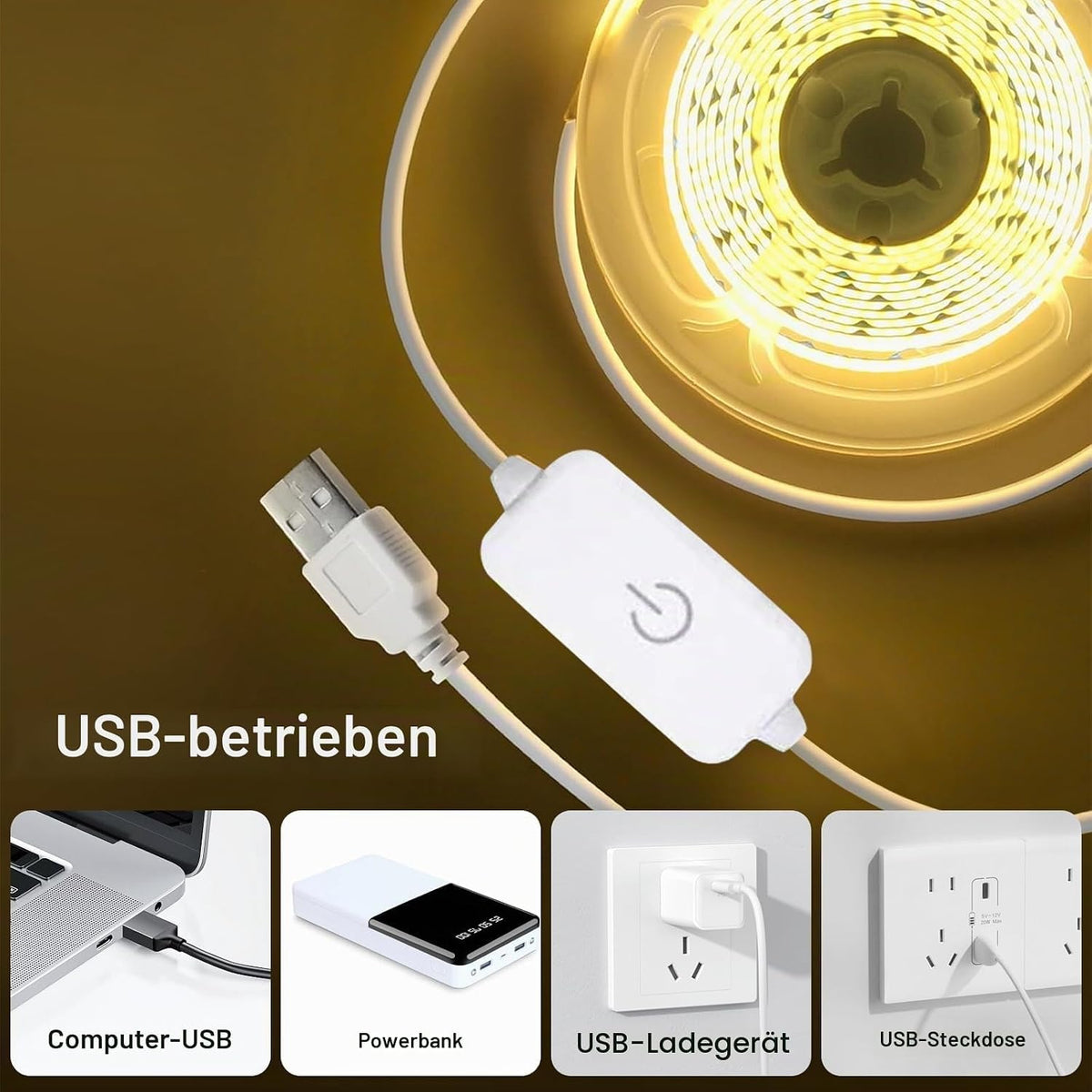 COB LED Streifen 3M Neutralweiß 4000K USB Dimmbar LED Strip 320Leds/M 5V Selbstklebend LED Light Band Für TV LED Hintergrundbeleuchtung Hängeschrankunterbeleuchtung