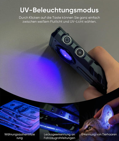ZF8313 Wiederaufladbare LED-Taschenlampe, EDC-Torch mit 2000 Lumen, RGB- und UV-Lichtquelle für Außenanwendungen und Autoreparaturen