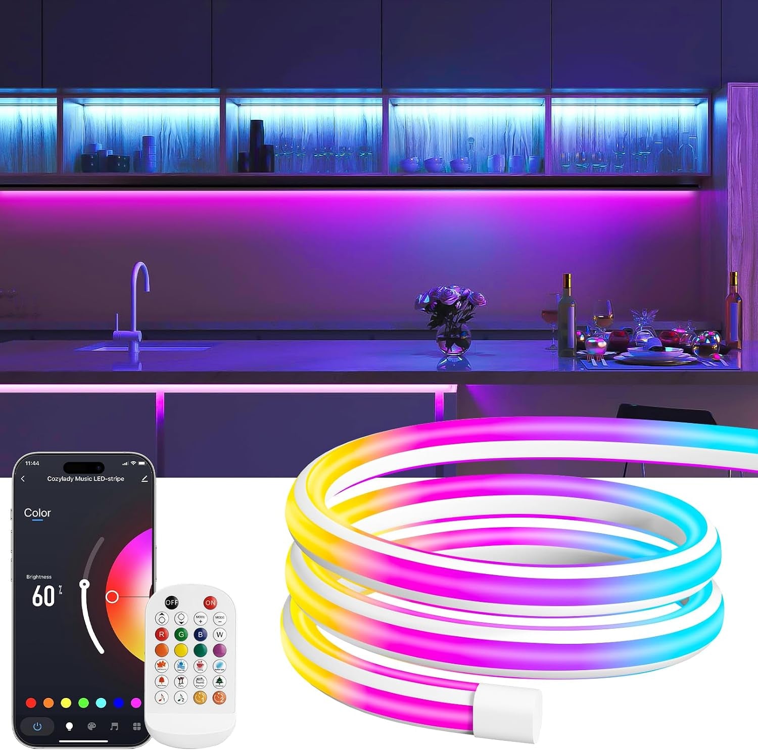 Lamomo LED Streifen 2M RGB, Led Lichtleiste Küche, 24V Silikon LED Strip Flexibel, LED Leiste Unter Schrankbeleuchtung Für Innen Regale,Vitrinen,Küchenlicht