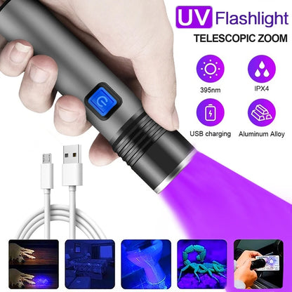 USB Rechargeable 365Nm UV Flashlight Aluminum Portable Ultraviolet Light Torch Black Light Pet Urine Detector Black Flashlights