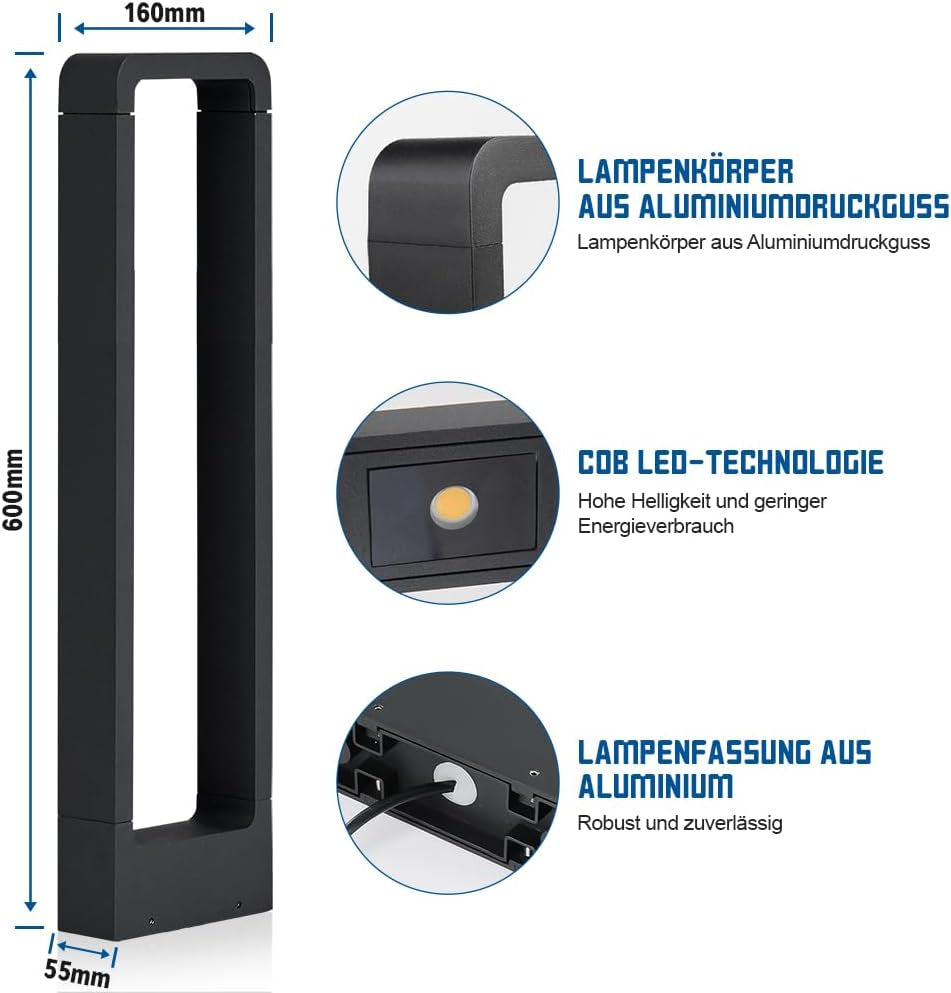 LED Outdoor Pathway Lights, 7W Garden Lamp, 3000K Exterior Floor Lamp, 60CM IP65 Bollard Light, Standalone Garden Lighting Solution