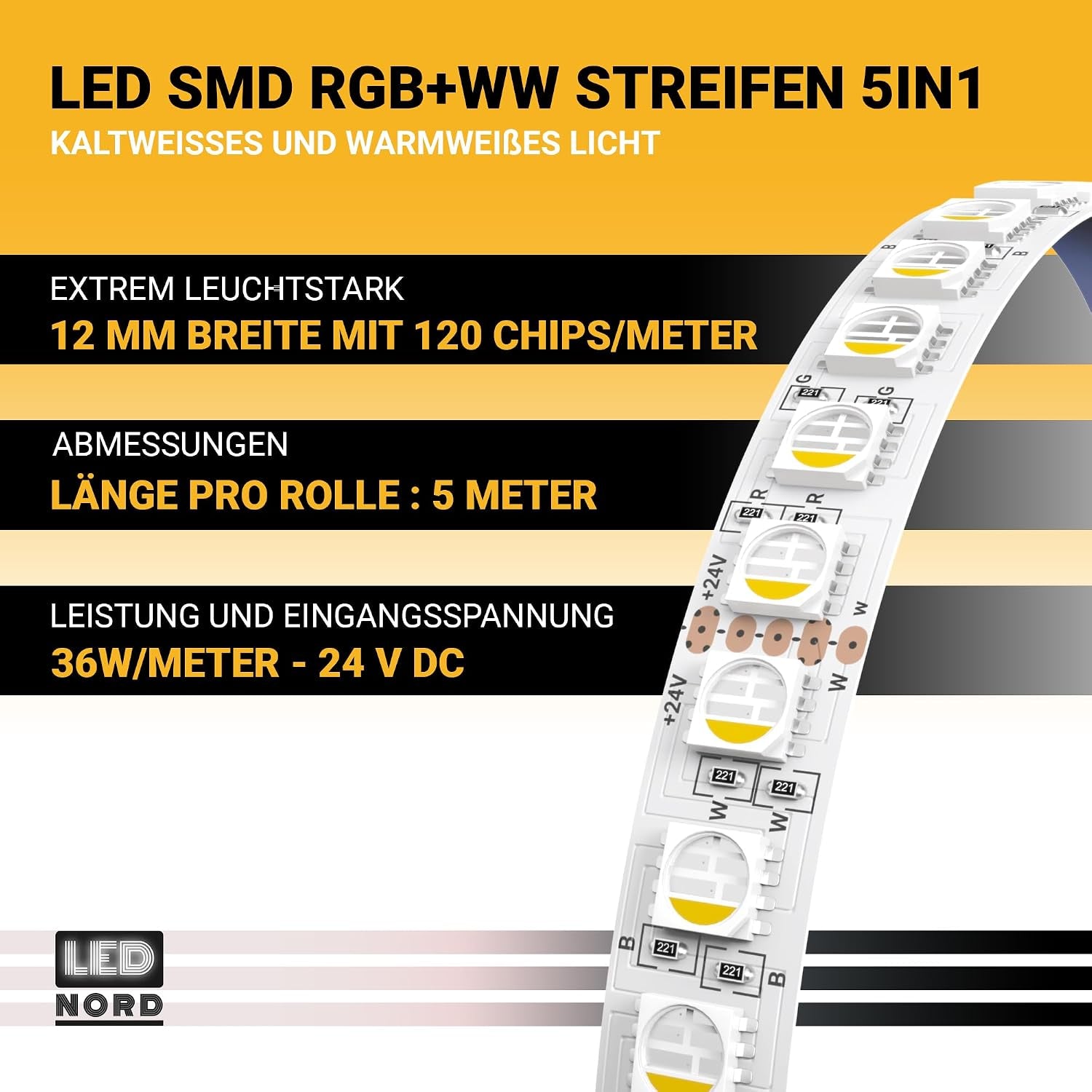 RGBWW LED Strip 5M Dimmable Warm White - Adhesive LED Strip for TV, Kitchen, and Home Use - 24V RGBW LED Light Band - Self-Adhesive SMD LED Strip Without Cables
