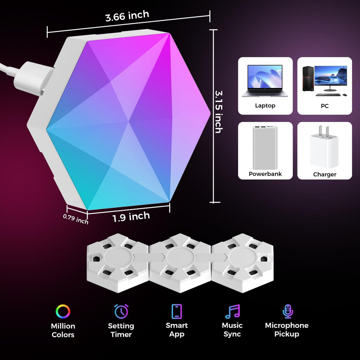 10-Pack Hexagon LED Gaming Wall Light, 9.2cm RGB Smart Hexagonal Panels, Music Sync Wall Lighting for Gaming Rooms