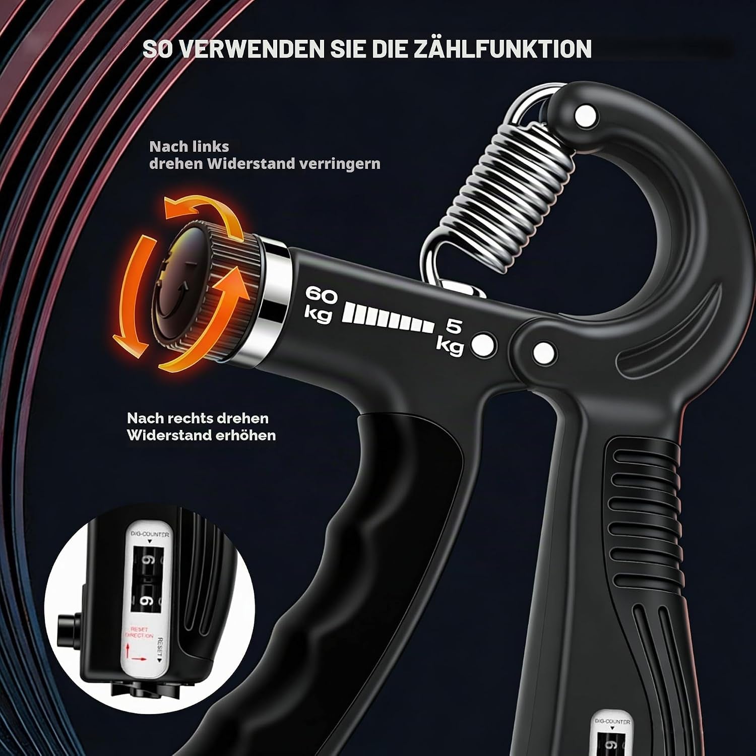 Verstellbarer Handgreifer Mit Smart Zähler, 5-60 Kg Widerstand Grip Krafttrainer Für Sport Und Fitness