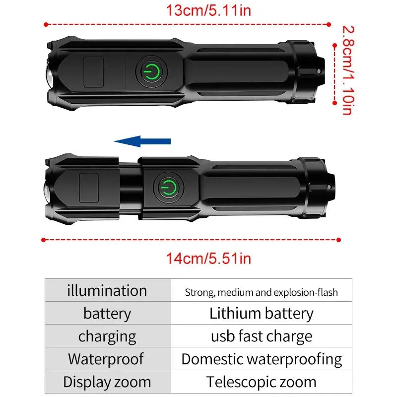 High-Performance Rechargeable LED Flashlight with USB, Waterproof Design, Zoom Functionality, Ideal for Fishing, Hunting, and Camping - 100,000 Lumens Tactical Light