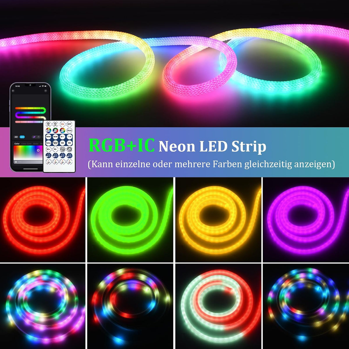 Bluetooth USB RGBIC Neon LED Strip - 3M Waterproof IP65 Dimmable LED Light Tube with 50 LEDs/M, App-Controlled for DIY Bedroom Decoration
