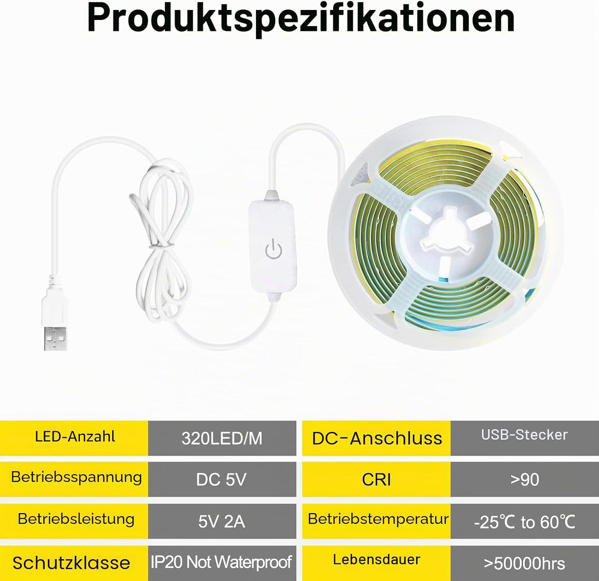 COB LED Streifen 3M Neutralweiß 4000K USB Dimmbar LED Strip 320Leds/M 5V Selbstklebend LED Light Band Für TV LED Hintergrundbeleuchtung Hängeschrankunterbeleuchtung