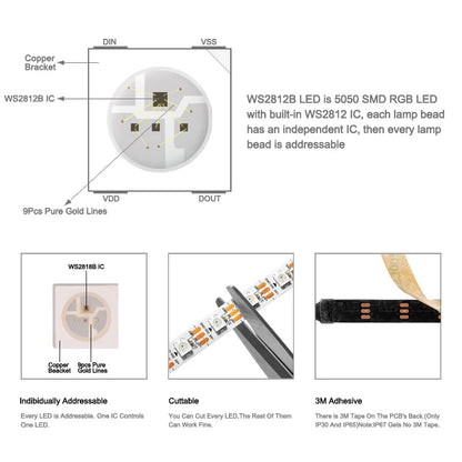 2M 5M WS2812B RGB Led Strip Light Individually Addressable Smart Led Lighting Strips WS2812 Led Lights Black White PCB IP30 DC5V