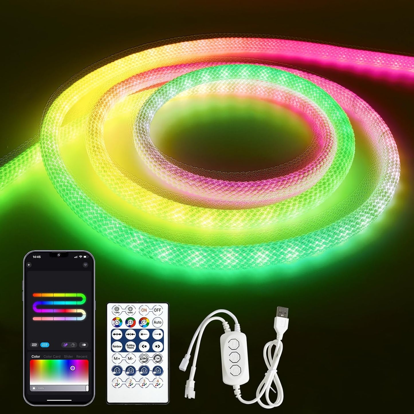 Bluetooth USB RGBIC Neon LED Strip - 3M Waterproof IP65 Dimmable LED Light Tube with 50 LEDs/M, App-Controlled for DIY Bedroom Decoration