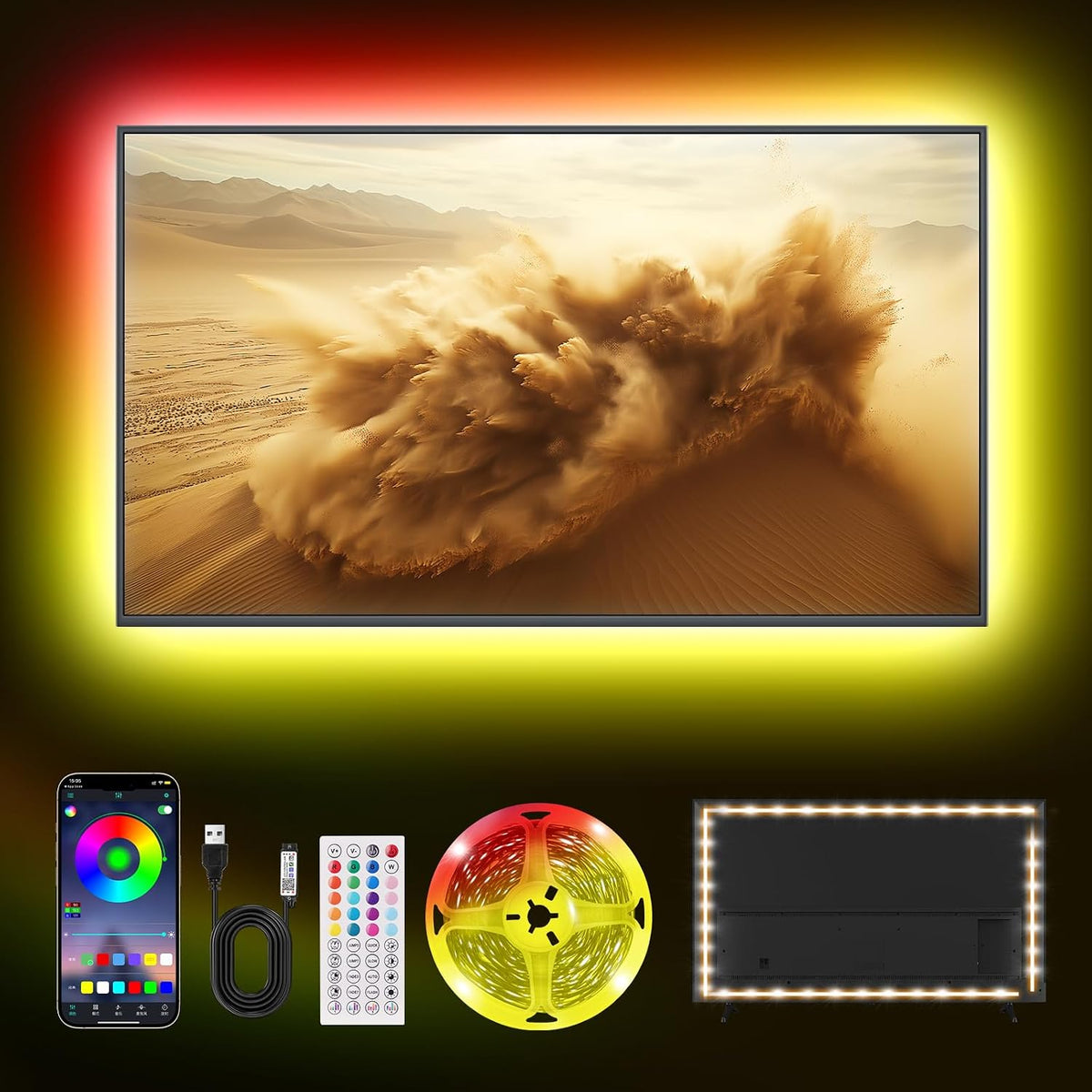 Led TV Hintergrundbeleuchtung 1M, Smart Led App Fernbedienung Led Backlight, Bluetooth Lichtband Selbstklebend Sync Mit Musik Für 32-50 Zoll TV