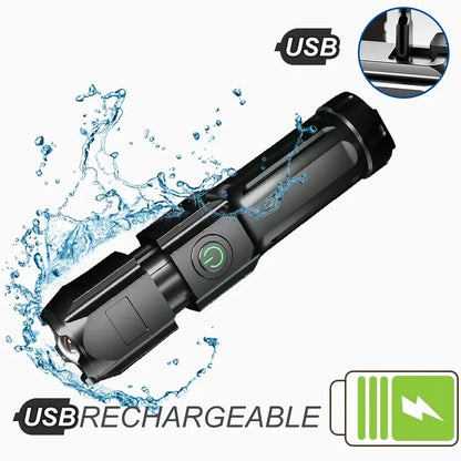 High-Performance Rechargeable LED Flashlight with USB, Waterproof Design, Zoom Functionality, Ideal for Fishing, Hunting, and Camping - 100,000 Lumens Tactical Light