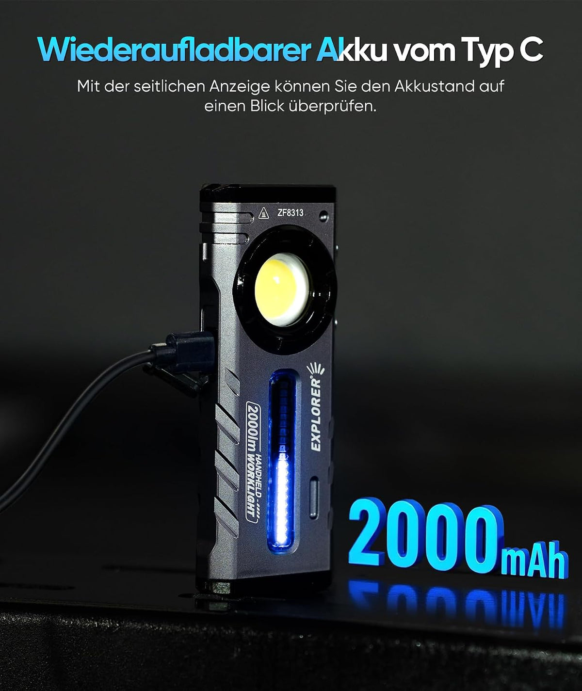 ZF8313 Wiederaufladbare LED-Taschenlampe, EDC-Torch mit 2000 Lumen, RGB- und UV-Lichtquelle für Außenanwendungen und Autoreparaturen