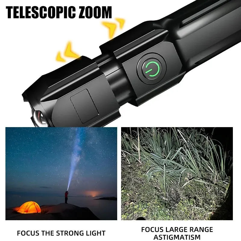 High-Performance Rechargeable LED Flashlight with USB, Waterproof Design, Zoom Functionality, Ideal for Fishing, Hunting, and Camping - 100,000 Lumens Tactical Light